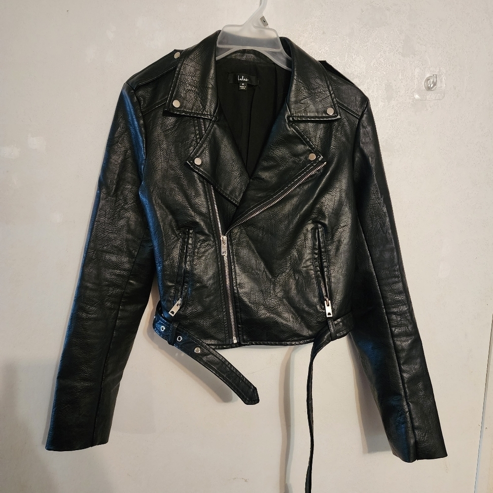 Lulus Faux Leather Belted Zip Up Moto Jacket Black Size M, discloration pits